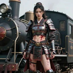 vertical movie frame with asian female standing on steam punk train, armor inspired by ancient japan and fashion, clean beautiful face, epic, perfect body, brutal blooded sluty, award winning, establishing shot, extremely high detail, photorealistic, brutal, provocative, octane render, editorial, extreme sports photography
