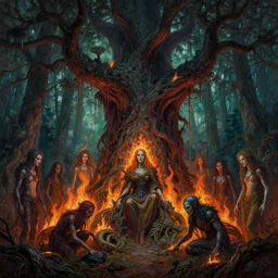 high intricate dripping painting of evil forest spirits burning the ancient forest, massive ancient tree, maria panfilova, andrea savchenko, mike kime, ludovic plouffe, qi sheng luo, oliver cook, david noren, trending on artstation