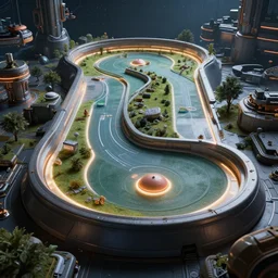 a beautiful 3 d artwork, detailed, level design, third person, technological, outer - space themed mini putt course, hyper realistic, ambient lighting, concept art, intricate, hyper detailed, smooth, dynamic, volumetric lighting, subsurface scattering, realistic, featured on flickr, wide angle, horizontal orientation, very coherent, cinematic, hyper realism, high detail, octane render, 8 k