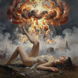 One Thousand Years Of Longing,illustration, chaotic, sexy, a nuclear explosion background, mist, volumetric lighting, soft lighting, soft details, painting oil on canvas by Edmund Blair Leighton and Charlie Bowater octane render, HDR, trending on artstation, 4k, 8k, HD