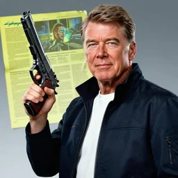 ronald reagan holding a gun, a page from cyberpunk 2 0 2 0, style of paolo parente, style of mike jackson, adam smasher, johnny silverhand, 1 9 9 0 s comic book style, white background, ink drawing, black and white, colouring pages