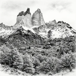 Torres del paine in autumn, black and white graphite drawing, full shot