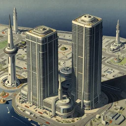 2 high rise buildings above futuristic space port, a detailed matte painting by Kitagawa Utamaro, cgsociety, octane render, highly detailed, matte painting, concept art, sci-fi
