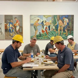 construction workers enjoy their lunch break, art by thomas anshutz and paul cadmus and george quaintance