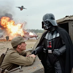 1 9 1 8, darth vader in a ww 1 trench, looking at a shell shocked soldier, explosions going off in the background, tie fighters visible in the sky, historical photograph