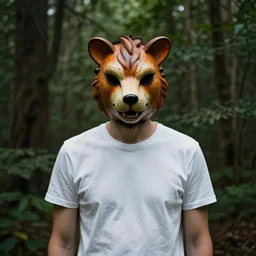 creepy man wearing a clean t - shirt and a retro vintage halloween animal mask, in a dense forest, trending on instagram, photography, sigma 8 5 mm f / 1. 4