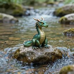 A small dragon sitting on a glistening creek rock, flowing clear water creek bed, photorealistic 3D artwork.