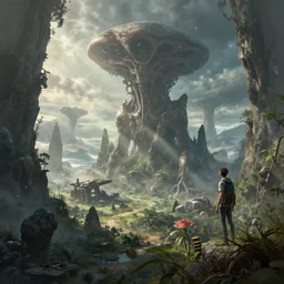 an amazing alien landscape, digital art, breathtaking, extremely detailed, digital paintinghyperrealistic, dynamic lighting, particles, unreal engine, simon stålenhag, rendered by Beeple, Makoto Shinkai, syd meade, simon stålenhag, environment concept, trending on artstation, octane render, 4K UHD image