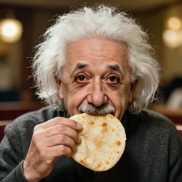 A photo of Albert Einstein eating chapathi, highly detailed, trending on artstation, bokeh, 90mm, f/1.4