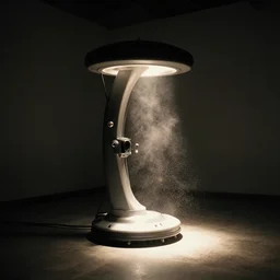 teleportation machine in a dimly lit room, light shining from the machine and illuminating the dust particles in the air by thomas kinkaid