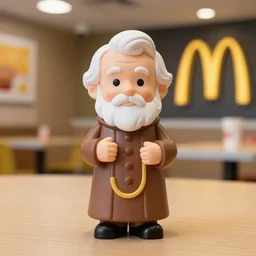 Photograph of theologican John Calvin Happy Meal Toy figure made of plastic, 50 mm photo, McDonalds restaurant interior background