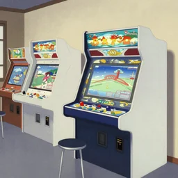 arcade machines in the style of hasui kawase