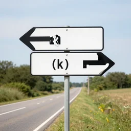 photo still of two street signs on a country road shaped like arrows pointing left and right with the words left on one and right on the other, 8 k 8 5 mm f 5. 6