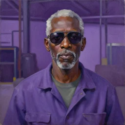 old black man factory worker, shades of purple, oil painting by aaron douglas,