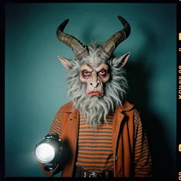 kodak portra 4 0 0, 8 k, wide flashlight shot of a highly detailed, britt marling style, colour still - life portrait of a krampus in muted colours in teal and orange striped