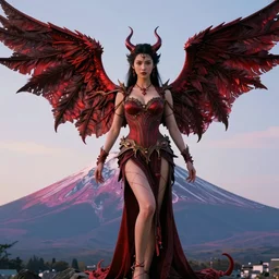movie still frame, karen fukuhara as demon winged devil lady, in full epic pose, a psychedelic mount fuji in the background, intricate details, beautiful composition, 8 k, cgi, by ridley scott, james cameron, zack snyder and michael bay