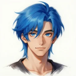 a drawing of a man with blue hair, a character portrait by mor than, trending on deviantart, fantasy art, lighthearted, handsome, speedpainting