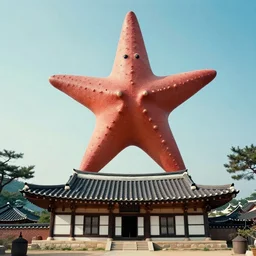 humanoid kaiju starfish creature looming over traditional goryeo pyongyang, cinematic korean thriller produced by kim jong - il, kodachrome, cooke varotal 2 0 - 1 0 0 t 3. 1