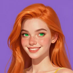 portrait of a beautiful smiling girl with orange hair and freckles, green eyes, style by Gretel Lusky, artstation, concept art, background is purple