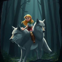 young blond girl astride a gray wolf, in a dark forest, in the style of pixar and studio ghibli