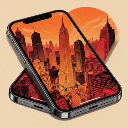 ( ( dither ) ), editorial illustration a city ground out of an iphone screen, modern art deco, orange + red + black, ( ( mads berg ) ), christopher balaskas, victo ngai, rich grainy texture, detailed, dynamic composition, wide angle, matte print
