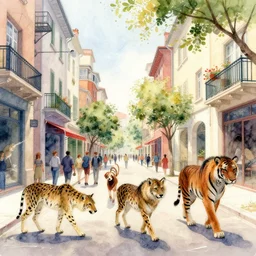 a hiper intricate watercolor of a beatiful modern street scane, wild animals walking on the street, extremely detailed, sharp focus, low angle wide shot, smooth, digital illustration, colorfull, photorealistic, 4 0 0 0 k, f 1. 4, by william turner art, by greg rutowski, by carl larson, by edmund dulac