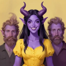 a purple skin woman tiefling with small horns!!, smiling, dark hair, curvy horns, with and yellow shirt and dress, chaste, symmetrical! portrait by rossdraws and daniel docciu and dave dorman