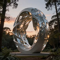 extremely detailed sculpture designed by Zaha Hadid in a forest, stunning volumetric light, sunset, metal, concrete and translucent material, stunning skies, trending on Artstation, 8k, photorealistic, hyper detailed, unreal engine 5, IMAX quality, cinematic, epic lighting, in the style of Greg Rutkowski