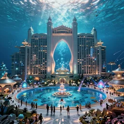 architectire digital art, royal atlantis underwater palace, a lot of lights and people, trending on artstation