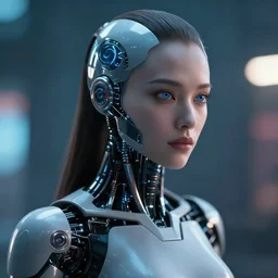 a cyborg woman, movie effect, high detail, bokeh