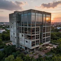 brutalist architecture by Le Corbusier, abandoned, empty streetscapes surrounded by lush green vegetation, aerial view, stunning volumetric lighting, sunset, rusted steel, solid concrete, glass, stunning skies, trending on Artstation, 8k, photorealistic, hyper detailed, unreal engine 5, IMAX quality, cinematic, epic lighting, in the style of DOOM and Greg Rutkowski