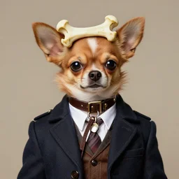ripped physique bone crown collar leash Man Steampunk portrait Sherlock Patrick Bateman snout Detective Anthropomorphic furry fuzzy fashion vogue Chihuahua man wearing a Chihuahua costume wearing an Executive costume gerald brom bastien grivet greg rutkowski norman rockwell portrait face head snout ears eyes illustration tombow