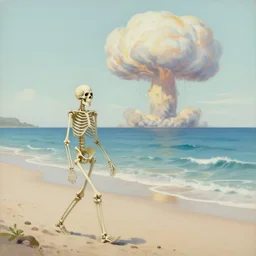 a skeleton walking on a beach next to the ocean with nuclear bomb explosion in the background, a naturalism painting by Storm Thorgerson, featured on cg society, matte painting, realistic, chillwave, anatomically correct, light colors, mushroom-cloud in the background