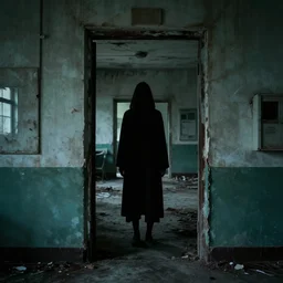 eerie dark figure hidden in plain sight, abandoned hospital, creepy, scary
