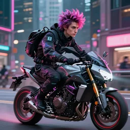 very cool man great hair streetwear, techwear, cyberpunk style outfit, full body, nose piercing, detailed portrait in driving motorbike bike urban furteistic city, intricate complexity, by greg rutkowski, cushart krentz, artgerm, ross tran, conrad roset, takato yomamoto, ilya kuvshinov. 4 k, cinematic, atmosphere, neon lighting atmosphere, hyperrealistic, editorial