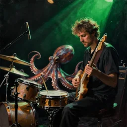 a beautiful painting by aleksi briclot of an octopus playing drums and telecaster guitar in a concert stage, dark background, green concert light, dark mood
