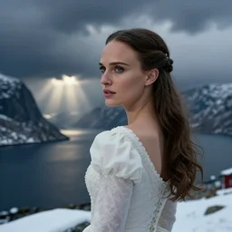 queen, norway fjord, natalie portman back turned, hudson river school, max rive, stormy seas, white royal dress, f 1 6, bokeh, gentle, female, snowy, storm clouds, god rays, close up portrait, d & d, fantasy, elegant, low key color palette, concept art, roger deakins and greg rutkowski and alphonse mucha