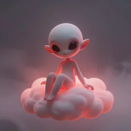 a cute alien girl sitting on a cloud relaxing, misty, glows, digital art, hazy, foggy, red lighting, ambient lighting, 8 k,