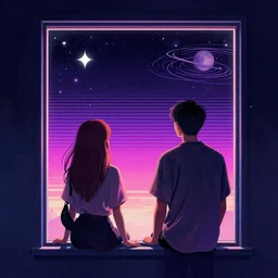 two people looking out a window at the sky, poster art by rhads, behance contest winner, space art, synthwave, retrowave, speedpainting
