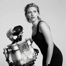 scarlett johansson as johnny 5 in short circuit movie, black and white, dynamic angle, pencil and ink manga, elegant, highly detailed, dramatic lighting