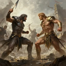 david versus goliath, epic battle, wlop, concept art, digital painting, trending on artstation, highly detailed, epic composition, 8 k uhd