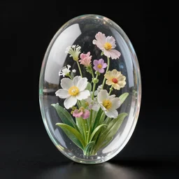 transparent 3 d glass oval filled with flowers black background, realistic 8 k