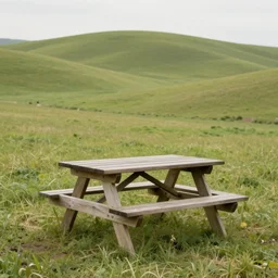 professional photograph of a picnic table in an infinite empty rolling field, surreal, hd, 4 k, 8 k