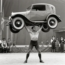 vintage photo of a 1 9 2 0's circus strongman lifting a car