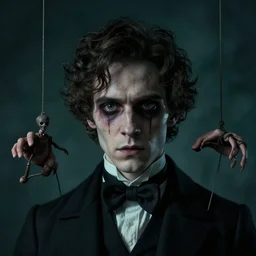 detailed cinematic moody colors studio portrait of a possessed young victorian gentleman being controlled like a puppet, creepy evil vibe, high quality by jeremy mann, only one head single portrait