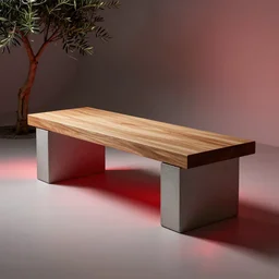 high tech concrete bench cube, natural wood top, minimal, dramatic lighting and composition, trending on artstation, concept art, red light, olive tree