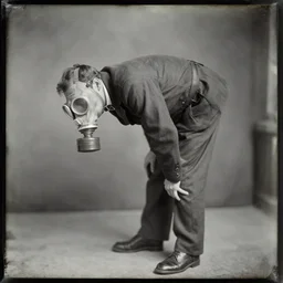 A daguerreotype photograph of a lanky, hunched over man, who is wearing a gas mask.