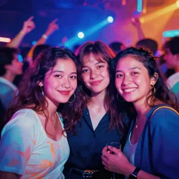 abstract friends partying and are facing the camera, crowd in the back, neon, abstract style