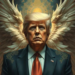 vibrant muted colors, still of a [ angelic seraphim possessed ] [ donald trump ], by arthur adams, by tom bagshaw, by henry asencio, by kikuchi hideyuki, by albert bierstadt, ink, cinematic, insanely detailed and intricate, hypermaximalist, elegant, ornate, hyper realistic, super detailed