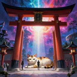 a 7 0 s sci fi film art of the entry of a japanese futuristic shrine, a giant cat lying in the door colourful nebula as background by tim hildebrandt, dylan cole, eric heschong, god ray